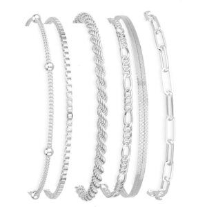 Dainty Silver Plated Bracelets Set for Women - Paperclip, Herringbone